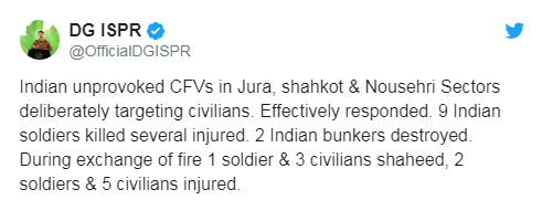 بھارت کی کنٹرول لائن پر فائرنگ، جوابی کارروائی ، 9 انڈین فوجی ہلاک، انڈین فوجیوں میں خوف،سفید جھنڈا لہرادیا