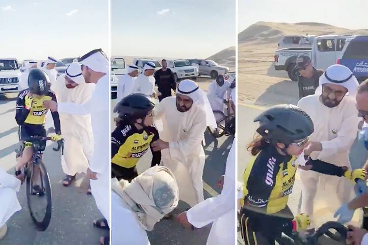 حاکم دبئی سائیکل ریسنگ میں زخمی ہونے والی لڑکی کی مدد کرتے ہوئے،تصاویر اورویڈیوزسوشل میڈیا پر وائرل ہوگئیں