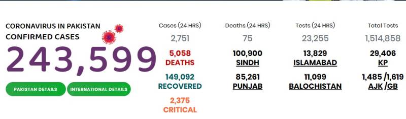 پاکستان میں کوروناوائرس سے2لاکھ43 ہزار599 افراد متاثر