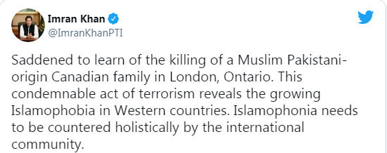 کینیڈا میں پاکستانی نژاد فیملی کا قتل افسوسناک ہے:وزیراعظم عمران خان