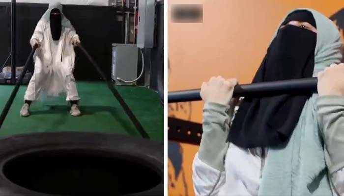 عبایا اور نقاب پہنی خاتون کی بھاری بھرکم مشینوں پر ورزش کی ویڈیو وائرل