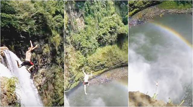 ہوائی میں سر پھرے نوجوان کا 200فٹ اونچی آبشار سے چھلانگ لگانے کا کارنامہ