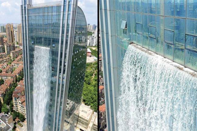 چین کی 100 میٹر بلند عمارت سے آبشار بہنے لگی