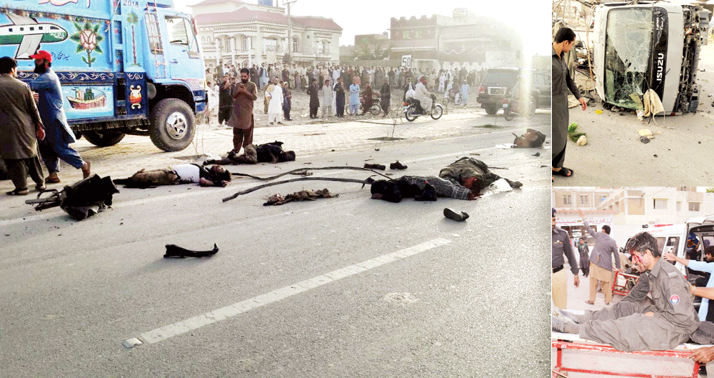کوئٹہ :پولیس ٹرک پر خودکش دھماکہ ، 6 اہلکار شہید،15 زخمی:ایف سی چوکی کے قریب فائرنگ سے 2 بمبار ہلاک